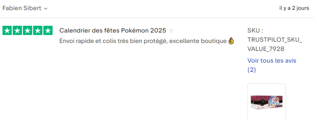 Il s'agit d'une image dans lesquelle se trouve un avis laissé par un client via trustpilot. Il y a cinq étoiles vertes soit la note maximale. L'avis date du 17 septembre 2025. Le client a écrit :"Envoi rapide et colis très bien protégé, excellente boutique 👌"