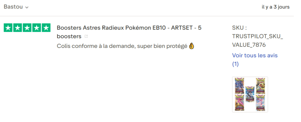 Il s'agit d'une image dans lesquelle se trouve un avis laissé par un client via trustpilot. Il y a cinq étoiles vertes soit la note maximale. L'avis date du 16 septembre 2025. Le client a écrit :"Colis conforme à la demande, super bien protégé 👌"
