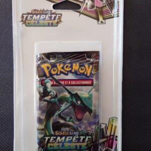 Blisters Tempête Céleste - ARTSET- Pokémon Soleil et Lune SL7 Rayquaza. Lot de quatre boosters sous blisters du JCC Pokémon. Ils sont rouge, violet, orange, verts. Celui sur l'image est l'illustration Rayquaza. C'est un item très rare.
