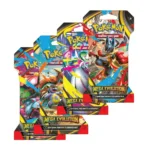 Boosters sous Blisters ME1 - [Artset] - Pokémon Méga-Évolution. L'image représente un lot de 4 boosters Pokémon ME1 Méga-Evolution, série pokémon du bloc méga évolution. Le lot constitue un artset soit l'ensemble des illustrations possibles des paquets de cartes de cette série. Les paquets de cartes sont roses, verts, violets, oranges, rouges, jaunes, bleus. Ils rappellent ceux de l'extension XY. Les blisters sont à l'effigie de Méga-Herbizarre, Méga-Lucario, Méga-Kangourex et Méga Gardevoir.