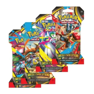 Boosters sous Blisters ME1 - [Artset] - Pokémon Méga-Évolution. L'image représente un lot de 4 boosters Pokémon ME1 Méga-Evolution, série pokémon du bloc méga évolution. Le lot constitue un artset soit l'ensemble des illustrations possibles des paquets de cartes de cette série. Les paquets de cartes sont roses, verts, violets, oranges, rouges, jaunes, bleus. Ils rappellent ceux de l'extension XY. Les blisters sont à l'effigie de Méga-Herbizarre, Méga-Lucario, Méga-Kangourex et Méga Gardevoir.