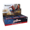 Display Magic Marvel Spiderman. Sur l'image on voit une boîte de jeu bleue et rouges représentant le super héros Marvel Spiderman qui vole dans les airs grâce aux toîles qui sortent de ses mains. Le coffret contient 30 boosters du jeu Magic The Gathering édité par Wizards of the Coast.