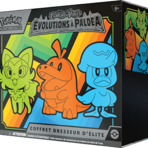 ETB EV02 Pokémon Évolutions à Paldea. Il s'agit du contenu coffret dresseur d'élite pokémon ev2 Évolutions à Paldéa. Le coffret est orange, vert et bleu. Il représente les Pokémon starters de la gen 9. Il y a écrit en haut à gauche de l'item "Pokémon cartes à jouer et à collectionner" "Ecarlate et Violet" "Evolutions à Paldéa" "coffret dresseur d'élite". On voit le contenu du coffret : les boosters de cartes à jouer et à collectionner pokémon, les dés, les protèges cartes.