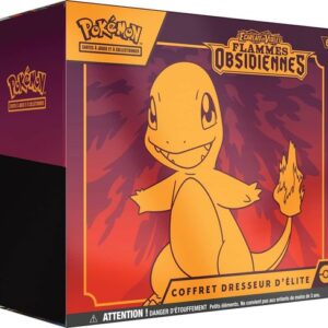 ETB EV03 Pokémon Flammes Obsidiennes. Il s'agit du contenu coffret dresseur d'élite pokémon ev3 Flammes Obsidiennes. Le coffret est orange, et rouge. Il représente le Pokémon starter de la gen 1 Salamèche. Il y a écrit en haut à gauche de l'item "Pokémon cartes à jouer et à collectionner" "Ecarlate et Violet" "Flammes Obsidiennes" "coffret dresseur d'élite". On voit le coffret de face : il contient les boosters de cartes à jouer et à collectionner pokémon, les dés, les protèges cartes.