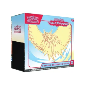 ETB Faille Paradoxe Rugit-Lune Pokémon EV04. Il s'agit du contenu coffret dresseur d'élite pokémon ev4 faille paradoxe. Le coffret est jaune et bleu. Il représente le Pokémon Rugit-Lune. Il y a écrit en haut à gauche de l'item "Pokémon cartes à jouer et à collectionner" "Ecarlate et Violet" "Faille Paradoxe" "coffret dresseur d'élite". On voit le contenu du coffret : les boosters de cartes à jouer et à collectionner pokémon, les dés, les protèges cartes.