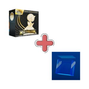 ETB ME01 Gardevoir+ Protection Acrylique Prokases Pokémon Méga Evolution. Image de deux produits un coffret dresseur d'élite pokémon et une protection acrylique. Sur l'ETB on voit le pokémon Lucario et il y a écrit Pokémon cartes à jouer et à collectionner. Cette boîte contient 9 boosters de la nouvelle série Méga du nouveau bloc Méga Évolution du TCG Pokémon. Elle contient également des jetons, des sleeves, une carte promo exclusive et d'autres items et goodies du jcc pokémon.