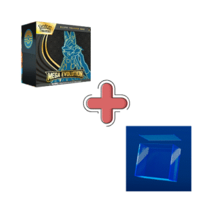 ETB ME01 Lucario + Protection Acrylique Prokases Pokémon Méga Evolution. Image de deux produits un coffret dresseur d'élite pokémon et une protection acrylique. Sur l'ETB on voit le pokémon Lucario et il y a écrit Pokémon cartes à jouer et à collectionner. Cette boîte contient 9 boosters de la nouvelle série Méga du nouveau bloc Méga Évolution du TCG Pokémon. Elle contient également des jetons, des sleeves, une carte promo exclusive et d'autres items et goodies du jcc pokémon.