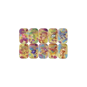 Mini Tin 151 Pokémon EV3.5. Coffret mini-tins comprenant 2 boosters du bloc écarlate et violet de la série pokémon 151 ou ev3.5. L'image est composée de 10 boîtes en métal à l'effigie de différents Pokémon appartenant à la 1ere génération, les 151 premiers pokemons comme arcanin, alakazam, ectoplasma, mackogneur, miouss.