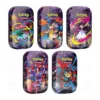 Mini Tin ME01 Pokémon Méga-Évolution. Coffret mini-tins comprenant 1 booster de la nouvelle série du nouveau block méga-évolution et 1 booster EV9 de la série aventures ensemble du bloc écarlate et violet. L'image est composée de 5 boîtes en métal à l'effigie de différents Pokémons comme Lucario, Latias, Kangourex, Gardevoir et herbizarre.