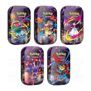 Mini Tin ME01 Pokémon Méga-Évolution. Coffret mini-tins comprenant 1 booster de la nouvelle série du nouveau block méga-évolution et 1 booster EV9 de la série aventures ensemble du bloc écarlate et violet. L'image est composée de 5 boîtes en métal à l'effigie de différents Pokémons comme Lucario, Latias, Kangourex, Gardevoir et herbizarre.