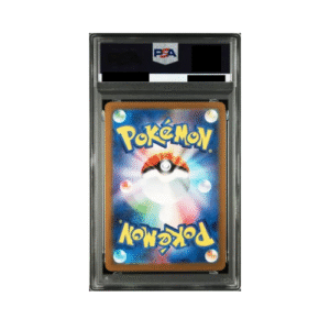 Pikachu McDonalds 020/M-P Carte Pokémon Promo PSA 10 dos. Carte du TCG Pokémon promo issue du bloc Méga Évolution parue en 2025. Carte Pokémon de type électrique. Promo. Illustrateur: Yuu Nishida. L'illustration représente le Pokémon Pikachu assis sur une chaise devant un hamburger avec un stamp à l'effigie de la marque McDonald's. La carte a eu la note de 10 en étant gradée par la société de gradation PSA. La carte est orange, jaune, rouge et verte. Elle a été distribuée dans les happy meal de mcdo au Japon. On voit ici le dos de la carte.