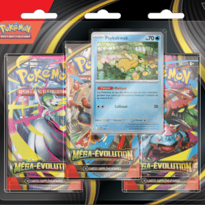 Tripack ME1 Pokémon Méga-Évolution Psykokwak. Coffret du tcg pokémon jcc contenant 3 boosters de la derière série méga évolution du nouveau bloc pokemon octobre 2025. Les paquets de cartes sont roses, verts, violets, oranges, rouges, jaunes, bleus. Ils rappellent ceux de l'extension XY. Les blisters sont à l'effigie de Méga-Herbizarre, Méga-Lucario, Méga-Kangourex et Méga Gardevoir. Le pack contient également une carte promotionnelle exclusive à l'effigie du monstre Pksykokwak.
