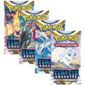 Artset boosters tempête argentée Pokémon EB12. L'image représente un lot de 4 boosters Pokémon EB12 Tempête Argentée, série pokémon du bloc Épée et Bouclier. Le lot constitue un artset soit l'ensemble des illustrations possibles des paquets de cartes de cette série mettant à l'honneur Lugia. Ils sont roses violets, bleus, roses et bleus.