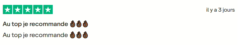 Il s'agit d'une image dans lesquelle se trouve un avis laissé par un client via trustpilot. Il y a cinq étoiles vertes soit la note maximale. L'avis date du 03 novembre 2025. Le client a écrit :"Au top je recommande 👌🏾👌🏾👌🏾"