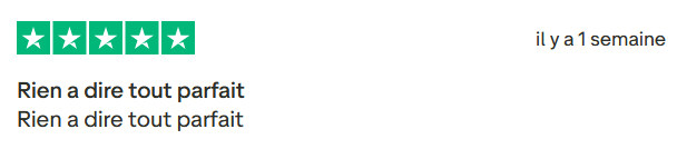 Il s'agit d'une image dans lesquelle se trouve un avis laissé par un client via trustpilot. Il y a cinq étoiles vertes soit la note maximale. L'avis date du 18 novembre 2025. Le client a écrit :"Rien a dire tout parfait"