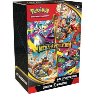 Bundle ME01 Pokémon Méga Évolution. Produit pour le JCC Pokémon contenant 6 boosters de la série méga évolution du bloc méga. Elle met à l'honneur les ultimes évolutions des Pokémon. L'illustration multicolore représente les Pokémons Kangourex, Lucario, Florizarre et Gardevoir dans leur mode méga évoluée.