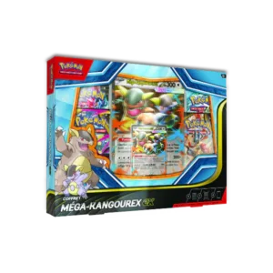 Coffret Méga Kangourex ex Pokémon. Coffret du jeu de cartes à jouer et à collectionner Pokémon à l'effigie du Pokémon Kangourex dans sa forme Méga Évoluée. Il contient des cartes promo, lenticulaire et 4 boosters du JCC pokemon TCG : deux de la nouvelle extension Méga Évolution du nouveau bloc Méga Evolution, 1 paquet de cartes EV06 écarlate et violet Mascarade Crépusculaire et 1 booster EV09 Aventures Ensemble.