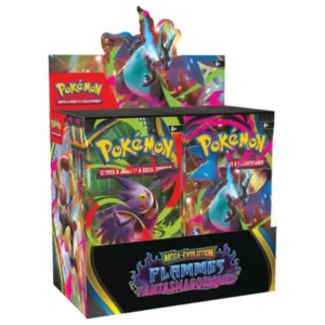Display ME02 Pokémon Flammes Fantasmagoriques. L'image représente une boite de boosters Pokémon. Elle en contient 36 et est représentée ouverte. On y distingue des Pokemons comme Ectoplasma. La boîte est rouge, violette, noire. On y distingue les textes suivants "Pokémon Cartes à Jouer et à Collectionner" "Mega Evolution" "Flammes Fantasmagoriques".