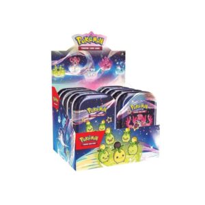 Display Mini-Tins Destinées de Paldéa Pokémon EV4.5. Coffret en carton contenant des boîtes en fer de la série POkémon destinees de paldea EV04.5 du TCG Pokémon. Le coffret représente les personnages Pokémon dans l'espace. Il y a écrit "Destinées de Paldea" et "Pokémon trading card games". C'est une série Pokémon en l'honneur du jeu Pokémon et les cartes shiny.
