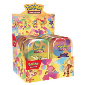 Display Mini-tin 151 Pokémon EV3.5. Coffret en carton contenant des boîtes en fer de la série POkémon 151 du TCG Pokémon. Le coffret représente les personnages Pokémon avc des bulles de couleur. On distingue Pikachu, Ronflex, Evoli, caninos et Miaouss. Il y a écrit "Pokémon 15" et "Pokémon trading card games". C'est une série Pokémon en l'honneur des pokémno de la gen 1.
