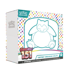 ETB 151 Ronflex Pokémon EV3.5. Il s'agit du contenu coffret dresseur d'élite pokémon ev3.5 pokémon 151. Le coffret est blanc et bleu. Il représente le Pokémon de la gen 1 Ronflex. Il y a écrit en haut à gauche de l'item "Pokémon cartes à jouer et à collectionner" "Ecarlate et Violet" "151" "coffret dresseur d'élite". On voit le coffret de face : il contient les boosters de cartes à jouer et à collectionner pokémon, les dés, les protèges cartes.