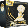 ETB ME01 Gardevoir Pokémon Méga-Evolution. Image d'un coffret dresseur d'élite pokémon. Sur l'ETB on voit le pokémon Lucario et il y a écrit Pokémon cartes à jouer et à collectionner. Cette boîte contient 9 boosters de la nouvelle série Méga du nouveau bloc Méga Évolution du TCG Pokémon. Elle contient également des jetons, des sleeves, une carte promo exclusive et d'autres items et goodies du jcc pokémon.