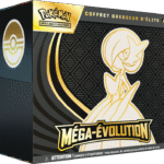 ETB ME01 Gardevoir Pokémon Méga-Evolution. Image d'un coffret dresseur d'élite pokémon. Sur l'ETB on voit le pokémon Lucario et il y a écrit Pokémon cartes à jouer et à collectionner. Cette boîte contient 9 boosters de la nouvelle série Méga du nouveau bloc Méga Évolution du TCG Pokémon. Elle contient également des jetons, des sleeves, une carte promo exclusive et d'autres items et goodies du jcc pokémon.