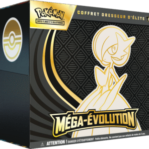 ETB ME01 Gardevoir Pokémon Méga-Evolution. Image d'un coffret dresseur d'élite pokémon. Sur l'ETB on voit le pokémon Lucario et il y a écrit Pokémon cartes à jouer et à collectionner. Cette boîte contient 9 boosters de la nouvelle série Méga du nouveau bloc Méga Évolution du TCG Pokémon. Elle contient également des jetons, des sleeves, une carte promo exclusive et d'autres items et goodies du jcc pokémon.