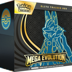 ETB ME01 Lucario Pokémon Méga-Evolution. Image du coffret dresseur d'élite pokémon. Sur l'ETB on voit le pokémon Lucario et il y a écrit Pokémon cartes à jouer et à collectionner. Cette boîte contient 9 boosters de la nouvelle série Méga du nouveau bloc Méga Évolution du TCG Pokémon. Elle contient également des jetons, des sleeves, une carte promo exclusive et d'autres items et goodies du jcc pokémon.
