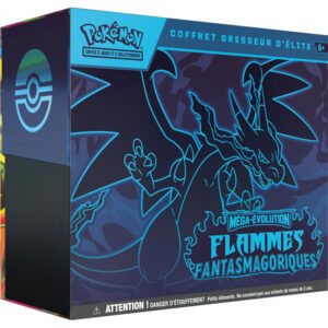 ETB ME02 Pokémon Flammes Fantasmagoriques. Image d'un coffret dresseur d'élite pokémon. Sur l'ETB on voit le pokémon Dracaufeu et il y a écrit Pokémon cartes à jouer et à collectionner. Cette boîte contient 9 boosters de la nouvelle série Méga du nouveau bloc Méga Évolution du TCG Pokémon. Elle contient également des jetons, des sleeves, une carte promo exclusive et d'autres items et goodies du jcc pokémon.