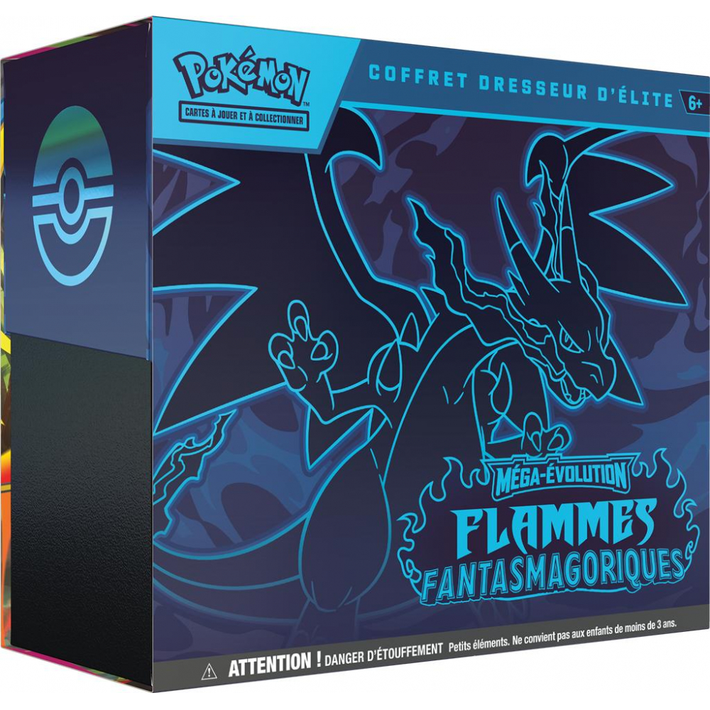 ETB ME02 Pokémon Flammes Fantasmagoriques ETB ME02 Pokémon Flammes Fantasmagoriques. Image d'un coffret dresseur d'élite pokémon. Sur l'ETB on voit le pokémon Dracaufeu et il y a écrit Pokémon cartes à jouer et à collectionner. Cette boîte contient 9 boosters de la nouvelle série Méga du nouveau bloc Méga Évolution du TCG Pokémon. Elle contient également des jetons, des sleeves, une carte promo exclusive et d'autres items et goodies du jcc pokémon.