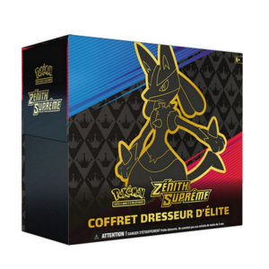 ETB Zénith Suprême Lucario Pokémon EB12.5. Il s'agit du contenu coffret dresseur d'élite pokémon eb12.5 zenith supreme. Le coffret est noir, bleu et rouge. Il représente le Pokémon Lucario. Il y a écrit en haut à gauche de l'item "Pokémon cartes à jouer et à collectionner" "Épée et Bouclier" "Zénith Suprême" "coffret dresseur d'élite". On voit le coffret de face : il contient les boosters de cartes à jouer et à collectionner pokémon, les dés, les protèges cartes.