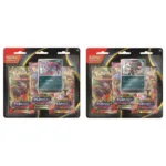 Tripack ME02 Pokémon Flammes Fantasmagoriques. Coffret du tcg pokémon jcc contenant 3 boosters de la derière série méga évolution flammes fantasmagoriques du nouveau bloc pokemon novembre 2025. Les paquets de cartes sont roses, verts, violets, oranges, rouges, jaunes, bleus. Ils rappellent ceux de l'extension XY. Les blisters sont à l'effigie de Méga-Pokémon comme ectoplasma. Le pack contient également une carte promotionnelle exclusive à l'effigie du monstre farfuret et dimoret.