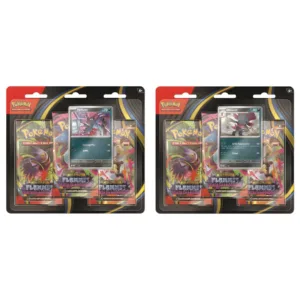 Tripack ME02 Pokémon Flammes Fantasmagoriques. Coffret du tcg pokémon jcc contenant 3 boosters de la derière série méga évolution flammes fantasmagoriques du nouveau bloc pokemon novembre 2025. Les paquets de cartes sont roses, verts, violets, oranges, rouges, jaunes, bleus. Ils rappellent ceux de l'extension XY. Les blisters sont à l'effigie de Méga-Pokémon comme ectoplasma. Le pack contient également une carte promotionnelle exclusive à l'effigie du monstre farfuret et dimoret.