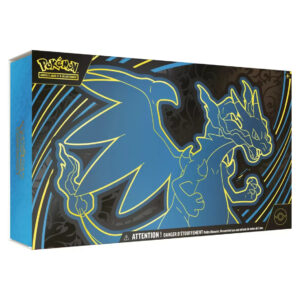 UPC ME02 Pokémon Coffret Collection Ultra Premium Dracaufeu. Image d'un coffret ultra premium collection pokémon. Sur l'UPC on voit le pokémon Dracaufeu et il y a écrit Pokémon cartes à jouer et à collectionner. Cette boîte contient 18 boosters de la nouvelle série Méga du nouveau bloc Méga Évolution du TCG Pokémon. Elle contient également des jetons, des sleeves, deux cartes promo exclusives et d'autres items et goodies du jcc pokémon.