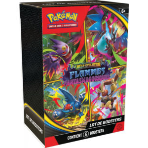 Bundle ME02 Pokémon Flammes Fantasmagoriques. Produit pour le JCC Pokémon contenant 6 boosters de la série flammes fantasmagoriques du bloc méga. Elle met à l'honneur les ultimes évolutions des Pokémon. L'illustration multicolore représente les Pokémons Dracaufeu, Ectoplasma, Locpin et Scarino dans leur mode méga évoluée.