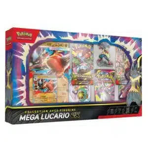 Coffret figurine Lucario Pokémon collection. Il contient 5 boosters du bloc Écarlate et Violet. La figurine pokémon est à l'effigie de Méga-Lucario.