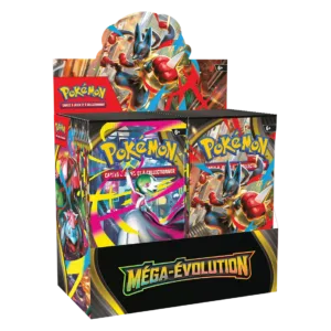 Display ME01 Pokémon Méga-Évolution. L'image représente une boite de boosters Pokémon. Elle en contient 36 et est représentée ouverte. La boîte est rouge, violette, noire avec les pokémon Gardevoir et Lucario. On y distingue les textes suivants "Pokémon Cartes à Jouer et à Collectionner" "Mega Evolution".