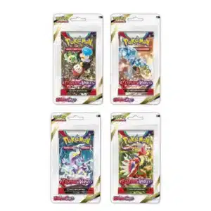 Artset EV01 Blisters Pokémon Ecarlate et Violet. L'image représente un lot de 4 boosters sous blister Pokémon EV01 Écarlate et Violet. Le lot constitue un artset soit l'ensemble des illustrations possibles des paquets de cartes de cette série. Les paquets de cartes sont roses, verts, violets, oranges, rouges, jaunes, bleus. Les blisters sont à l'effigie des starters de la 9e génération coiffeton, poussacha et chochodile, léviator, koraidon et miraidon.