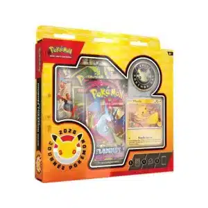 Coffret 30 ans Pokémon Pikachu journée 2026. Il s'agit d'un paquet exclusif 30ans de la franchise, de trois boosters Pokémon, de la série flammes fantasmagoriques et méga du bloc méga évolution. L'item consiste en une pochette cartonnée avec un devant en plastique transparant. Il contient un jeton de lancer et une carte promo Pikachu exclusive. L'ensemble est violet, orange et jaune.