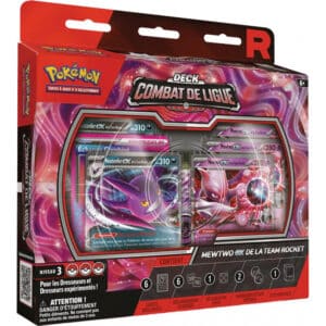 Deck Combat de Ligue Mewtwo Pokémon TCG. Coffret Pokémon rouge comprenant un deck de niveau 3 pour jouer au jeu de cartes Pokémon et des jetons, boîtes de deck, marqueurs de dégats. Le jeux est à l'effigie du pokémon Mew Two. Parfait pour apprendre à jouer au jcc pokémon.