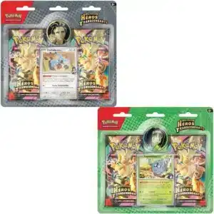Duopack ME2.5 Pokémon Héros Transcendants Okuba et Erika. Coffret du tcg pokémon jcc contenant 2 boosters de la derière série méga évolution héros transcendants du nouveau bloc pokemon janvier 2026. Les paquets de cartes sont roses, verts, violets, oranges, rouges, jaunes, bleus. Ils rappellent ceux de l'extension XY. Les blisters sont à l'effigie de Méga-Pokémon comme ectoplasma. Le pack contient également une carte Promo Dodoala d'okuba et Saquedeneu d'Erika.