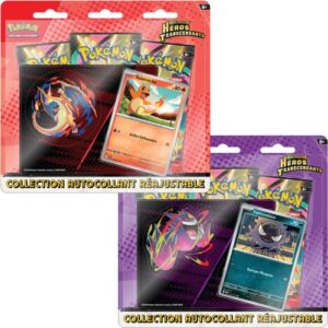 Tripack ME2.5 Pokémon Héros Transcendants. Coffret du tcg pokémon jcc contenant 3 boosters de la derière série méga évolution héros transcendants du nouveau bloc pokemon janvier 2026. Les paquets de cartes sont roses, verts, violets, oranges, rouges, jaunes, bleus. Ils rappellent ceux de l'extension XY. Les blisters sont à l'effigie de Méga-Pokémon comme ectoplasma. Le pack contient également une carte promotionnelle exclusive à l'effigie de Salamèche et de fantominus..