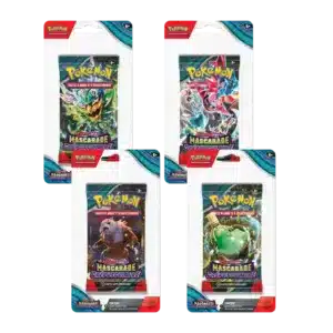 Artset EV06 Pokémon Mascarade Crépusculaire. Il s'agit d'une pochette carton plastifiée transparente sur le devant. Cet item du TCG Pokémon contient 4 boosters de la nouvelles extension EV6 Mascarade Crépusculaire. Les paquets de cartes sont oranges, verts, marrons et rouges. Il y a écrit "Pokémon cartes à jouer et à collectionner" "Mascarade Crépusculaire" "10 cartes supplémentaires"