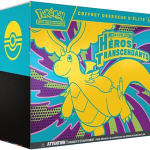 ETB ME2.5 Pokémon Héros Transcendants Méga Dracolosse. Image d'un coffret dresseur d'élite pokémon. Sur l'ETB on voit le pokémon Dracolosse et il y a écrit Pokémon cartes à jouer et à collectionner. Cette boîte contient 9 boosters de la nouvelle série Héros Transcendants du nouveau bloc Méga Évolution du TCG Pokémon. Elle contient également des jetons, des sleeves, une carte promo exclusive et d'autres items et goodies du jcc pokémon.