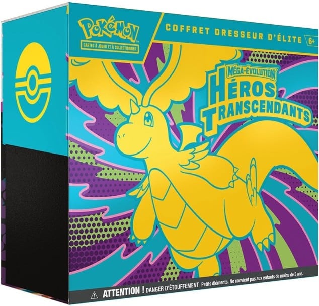 ETB ME2.5 Pokémon Héros Transcendants Méga Dracolosse ETB ME2.5 Pokémon Héros Transcendants Méga Dracolosse. Image d'un coffret dresseur d'élite pokémon. Sur l'ETB on voit le pokémon Dracolosse et il y a écrit Pokémon cartes à jouer et à collectionner. Cette boîte contient 9 boosters de la nouvelle série Héros Transcendants du nouveau bloc Méga Évolution du TCG Pokémon. Elle contient également des jetons, des sleeves, une carte promo exclusive et d'autres items et goodies du jcc pokémon.