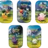 Mini Tin ME2.5 Héros Transcendants. Coffret mini-tins comprenant 2 boosters du bloc méga évolution de la série pokémon Héros Transcendants ou ME2.5. L'image est composée de 10 boîtes en métal à l'effigie de différents Pokémon appartenant à plusieurs générations reprisent dans le jeu POkémon Légend ZA, comme Pikachu, Gruiki, Riolu, Darumarond, Mélo, Germinion, Zorua, Nigosier, Togepi et Kaiminus.