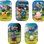 Mini Tin ME2.5 Héros Transcendants. Coffret mini-tins comprenant 2 boosters du bloc méga évolution de la série pokémon Héros Transcendants ou ME2.5. L'image est composée de 10 boîtes en métal à l'effigie de différents Pokémon appartenant à plusieurs générations reprisent dans le jeu POkémon Légend ZA, comme Pikachu, Gruiki, Riolu, Darumarond, Mélo, Germinion, Zorua, Nigosier, Togepi et Kaiminus.