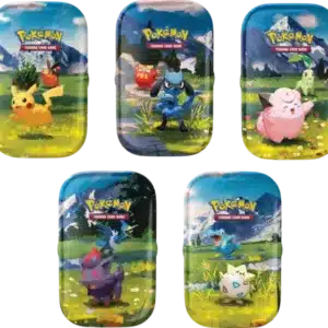 Mini Tin ME2.5 Héros Transcendants. Coffret mini-tins comprenant 2 boosters du bloc méga évolution de la série pokémon Héros Transcendants ou ME2.5. L'image est composée de 10 boîtes en métal à l'effigie de différents Pokémon appartenant à plusieurs générations reprisent dans le jeu POkémon Légend ZA, comme Pikachu, Gruiki, Riolu, Darumarond, Mélo, Germinion, Zorua, Nigosier, Togepi et Kaiminus.