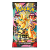 Booster ME2.5 Pokémon Héros Transcendants. Paquet de cartes Pokémon de la nouvelle série ME2.5 Héros Transcendants du bloc Méga Evolution. Sur le booster il y a écrit "10 cartes supplémentaires" et "Pokémon cartes à collectionner"